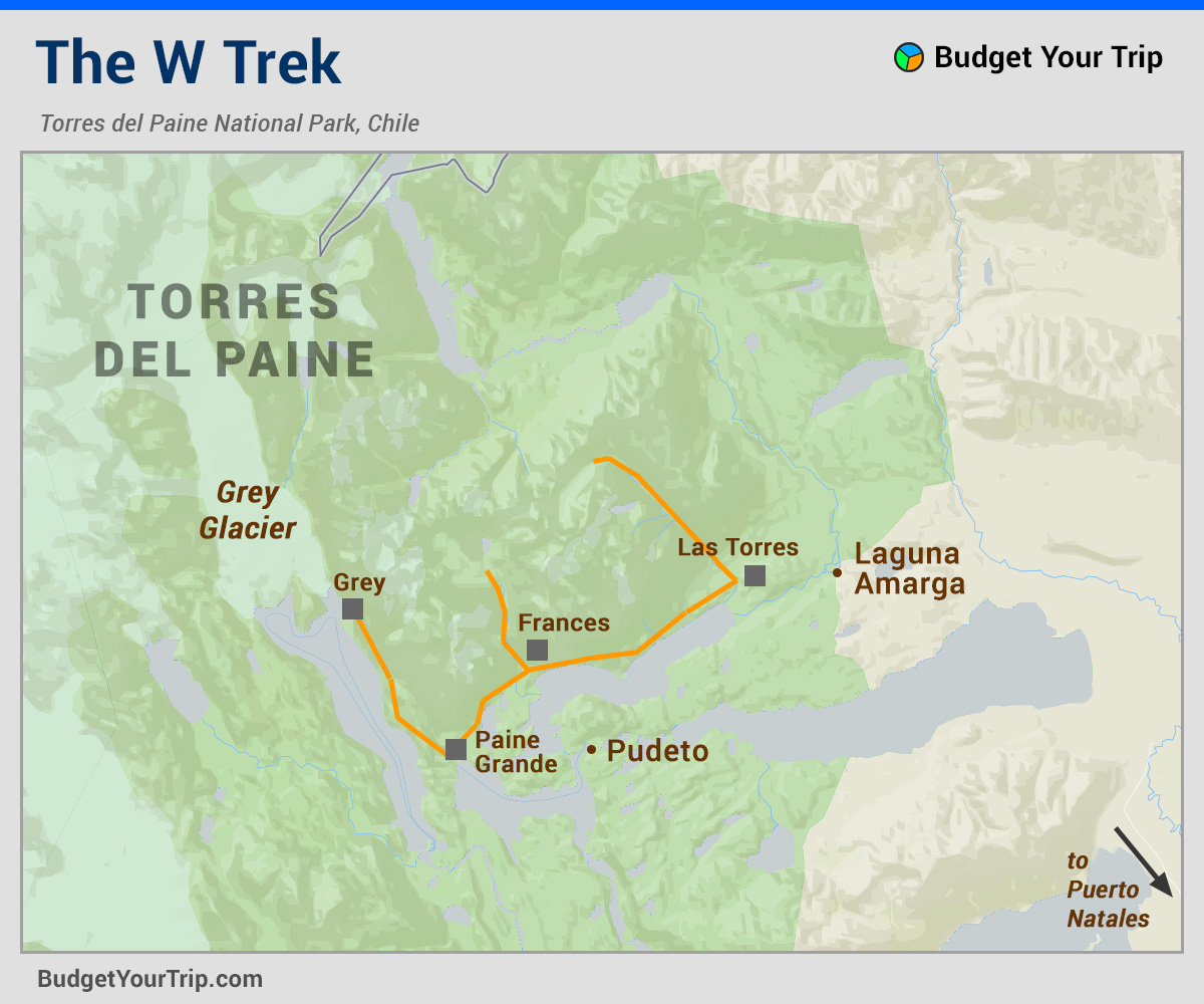 Map: W Trek Torres del Paine National Park, Chile, Patagonia